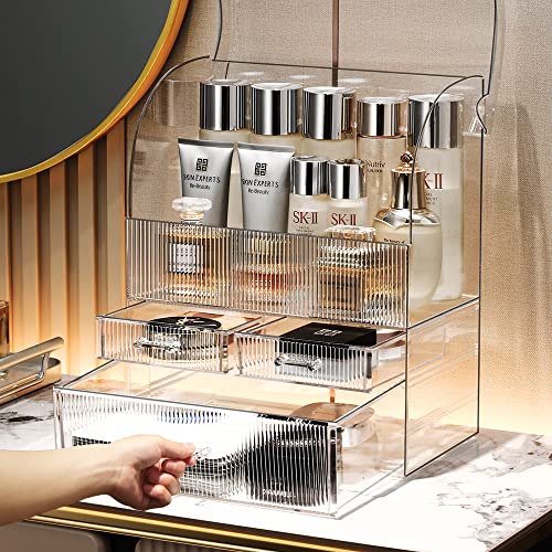 Professional Large Cosmetic Makeup Organizer Bathroom Storage Display Case with Drawers - color: Clear with Stripes