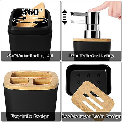 XLHOMO Bathroom Set Black Bathroom Trash Can, 9 Piece Bathroom Decor Toothbrush Holder, Cup, Lotion Dispenser, Tray, Soap Dish, Toilet Brush, Qtip Holder - size: Bath Set, style: Black