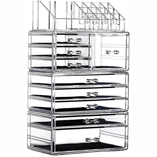 Cq acrylic 4 Pack Clear Make up Organizer Countertop,Stackable 9 Drawers Makeup Storage,Cute Vanity Organizers for dresser Hair Clip,Jewelry,Beauty Product Desk and Bathroom Organizers and Storage - style: Medium-9 drawers With Tray Top