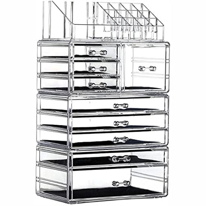 Cq acrylic 4 Pack Clear Make up Organizer Countertop,Stackable 9 Drawers Makeup Storage,Cute Vanity Organizers for dresser Hair Clip,Jewelry,Beauty Product Desk and Bathroom Organizers and Storage - style: Medium-9 drawers With Tray Top