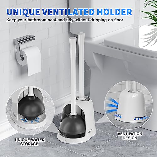Toilet Plunger and Brush, Silicone Bowl Brush and Heavy Duty Toilet Plunger Set with Ventilated Holder, 2-in-1 Toilet Brush and Plunger Combo for 5.3-inch Bathroom Cleaning (White, 1 Set) - color: White