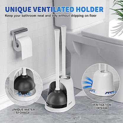 Toilet Plunger and Brush, Silicone Bowl Brush and Heavy Duty Toilet Plunger Set with Ventilated Holder, 2-in-1 Toilet Brush and Plunger Combo for 5.3-inch Bathroom Cleaning (White, 1 Set) - color: White