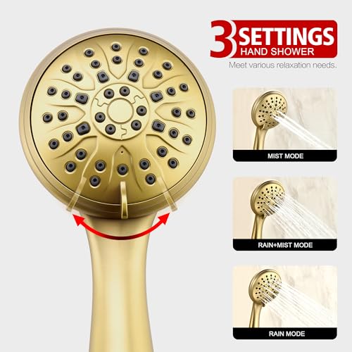 SUMERAIN Brushed Gold Shower System with Slide Bar | High Pressure Multi-modes Shower Head and Handheld, Rainfall Shower Faucet, Included Valve and Trim Kit - color: Brushed Gold