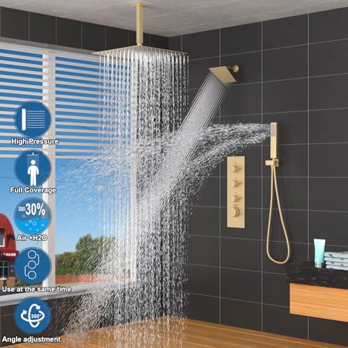 Enga Thermostatic Dual Head Shower System - 16"+6" Ceiling & Wall Mount Rainfall Showerheads, All Functions Simultaneous & Adjustable Volume, Brushed Gold - color: Brushed Gold, style: ‎16"+6" Head
