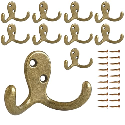CBWLWJ 10 Pack Coat Hooks Wall Hooks for Hanging, Heavy Duty Double Prong Metal Hook Wall Mounted for Living Room, Bathroom, Kitchen, Bedroom for Coat, Bag, Scarf, Towel, Hat, Key, Cup (Bronze) - color: Bronze-10pack