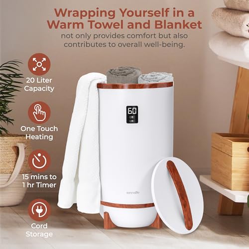SereneLife Towel Warmer Bucket Style – Portable Blanket Heater with Fragrant Disc Holder, LED Display and Adjustable Timer, Holds 2 Large Towels, Auto Shut-Off, Bathroom Towel Warmer (Cherry) - color: Cherry