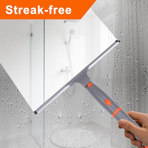 All Purpose 10 inch Shower Squeegee with 2pcs Rubber Wiper Blade Window Squeegee Soft Safe to Clean Shower Door Bathroom Car Windshield Glass Mirrors