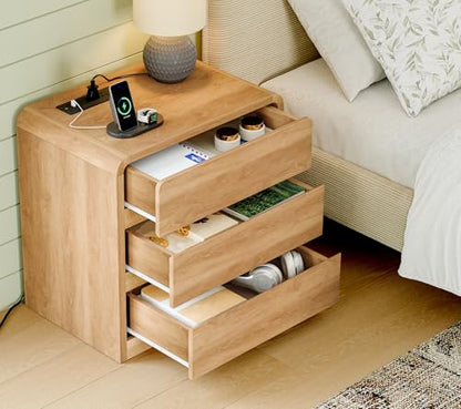 Night Stand, NightStand with 3 Storage Drawer and Charging Station, Bedside Table, Modern End Tables Wide Night Stands for Bedroom Sofa Couch Home Office, Natural - color: Unbzx026rd-zf