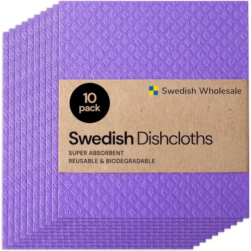 Swedish Wholesale Dishcloths Reusable 8" x 7" Sponge Cloths, Bulk 10 Pack of High Absorbent Cellulose Dish & Kitchen Cleaning Hand Towels, Wring to Dry & Machine Wash, Odor Resistant, Purple - color: Purple
