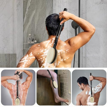 Back Scrubber with Soft and Stiff Bristles, 17''-25'' Long Handle Dual-Sided Shower Brush for Body for Deep Cleaning