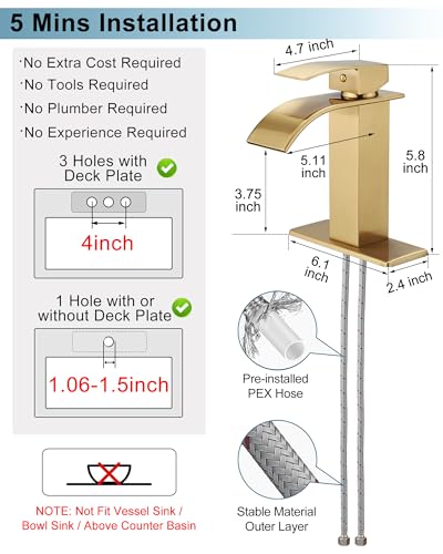 Gold Bathroom Faucet Waterfall, Brass Bathroom Faucets Single Hole or 3 Hole 4 Inch, Single Handle Bathroom Sink Faucet with Deck Plate & Drain - color: Brushed Gold - Elegant