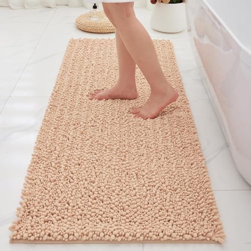 Bathroom Rugs Non Slip Washable 70x24, Extra Thick Soft Chenille Absorbent Bath Mat, High Density Barrier Non Slip Backing, Quick Dry Plush Shaggy Floor Carpet for Tub&Shower, Beige - color: Beige, size: 70" X 24"(Bathroom Rug)