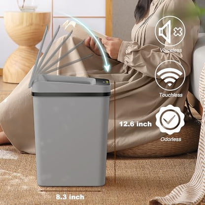 3 PACK - Small Trash Can with Lid for Bathroom - Automatic Trash Cans | Bedroom, Kitchen, Office - 2.5 Gallon Slim Smart Garbage Can Touchless - Motion Sensor Trash can Bathroom ( Grey ) - color: Grey