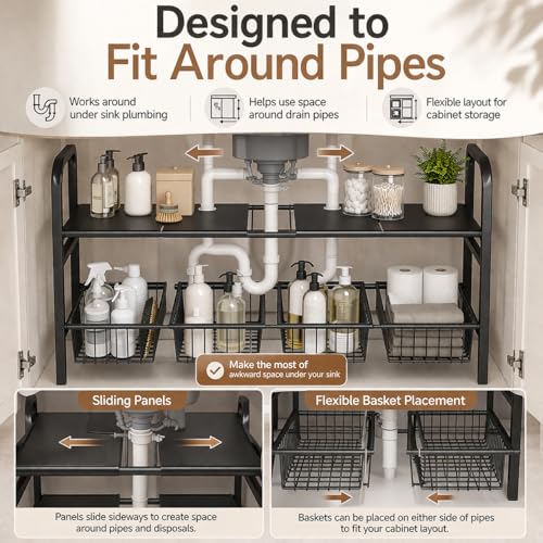 2 Tier Expandable Under Sink Organizer, 26.8 to 35.8 Inches Wide Carbon Steel Rack, Heavy Duty Storage for Double Sink Cabinet, P-Trap and Disposal Friendly (White)