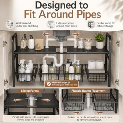 2 Tier Expandable Under Sink Organizer, 26.8 to 35.8 Inches Wide Carbon Steel Rack, Heavy Duty Storage for Double Sink Cabinet, P-Trap and Disposal Friendly (White)