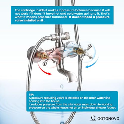 gotonovo Exposed Shower Tub Faucet Set 3 Function Wall Mount,Brushed Nickel | Shower System Fixtures with Tub Spout,8” Rain Head and Handheld,360°Rotation,Adjustable Height,for 5-6.7" Hole,Outdoor/Indoor - color: Nickel