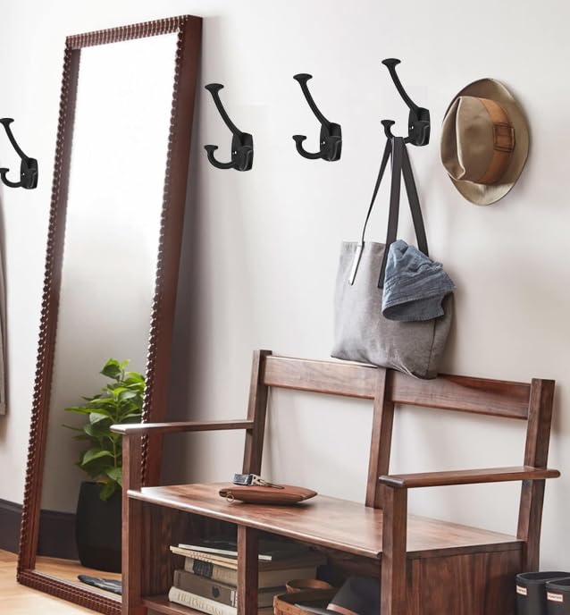 Matte Black Hooks Large Wall Mounted Decorative Solid Heavy-Duty Double-Sided Coat Hooks Triple Coat Hook Towels Coats Robes Towels Bag Bathroom Three Prong Coat Hook (2 Pack) - color: Matte Black