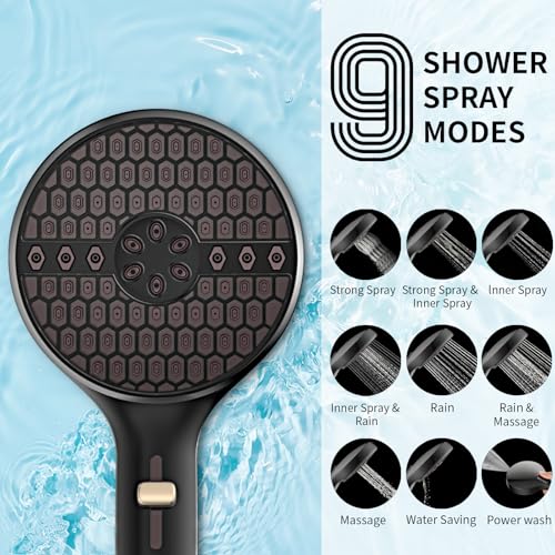 Matte Black Handheld Shower Head High Pressure with 9 Spray Settings & Power Wash Jet, 71" Extra Long Stainless Steel Hose, 360° Adjustable Dual Brackets for Low Water Pressure Home Bath - color: Matte black- 4.53 Inch