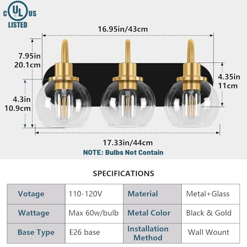 Dpyrrhic Modern 3-Light Vanity Light, Bathroom Lighting Fixture Over Mirror With Clear Glass Shade and Metal Base, Wall Sconces in Matte Black and Gold - color: Black & Gold, size: 3-Light