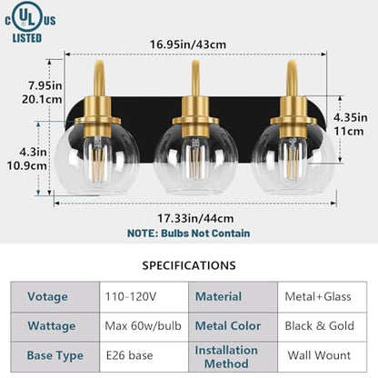 Dpyrrhic Modern 3-Light Vanity Light, Bathroom Lighting Fixture Over Mirror With Clear Glass Shade and Metal Base, Wall Sconces in Matte Black and Gold - color: Black & Gold, size: 3-Light