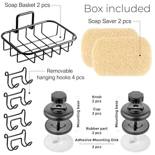 HASKO 2 Pack Suction Cup Soap Dish for Shower Wall, Rustproof Stainless Steel, Shower Soap Holder with Hooks, Includes Optional No Drill Adhesive Mount for Bathroom, 2 Soap Savers, Black - color: Black (2 Pack)
