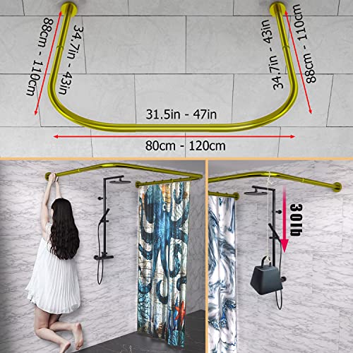 U Shaped Shower Curtain Rod (Both sides: 31.5"-47",Middle: 34.7"-43") Adjustable True 304 Stainless Bathroom Bathtub Shower Curtain Rod Rack Gold - color: U Shaped Gold, Length on both sides:31.5"-47",Middle width:34.7"-43", size: U Shaped