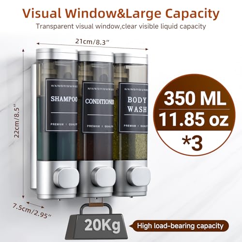 Shampoo and Conditioner Dispenser,Shower Soap Dispenser 3 Chamber No Drill Wall-Mounted for Bathroom & Hotel Leak-Proof Pumps, for Thick Liquids Like Conditioner - 1050ML High Capacity, Silver - color: Silver