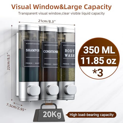 Shampoo and Conditioner Dispenser,Shower Soap Dispenser 3 Chamber No Drill Wall-Mounted for Bathroom & Hotel Leak-Proof Pumps, for Thick Liquids Like Conditioner - 1050ML High Capacity, Silver - color: Silver