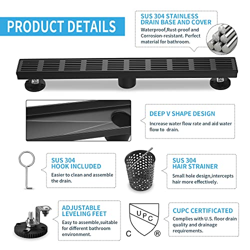 Linear Shower Drain 28 Inch, Professional Brushed SUS-304 Stainless Steel Shower Drain, 51L/Min Fast Drainage Floor Linear Drain, US Standard CUPC Certified, Matte Black, SD-109 - color: Matte Black, size: 28 Inch