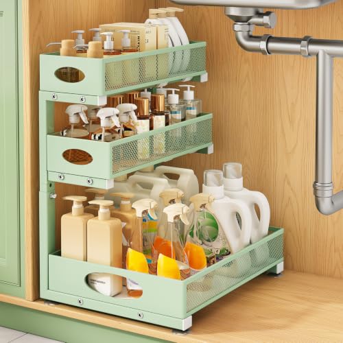 Kitstorack Under Sink Organizer 3-Tier Slide Out Drawer 1-Pack Green | Height Adjustable, Metal Mesh Storage Rack, Pull out Cabinet Organizer Shelf for Bathroom Kitchen Pantry Home Organization - color: Green, size: 1-Pack