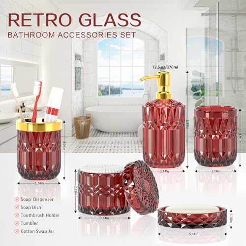 Red Bathroom Accessories Set, Glass Soap Dispenser Set with Rust Proof Stainless Steel Pump, Soap Holder, Toothbrush Holder, Tumbler, Cotton Swab Jars, Wine Red Bathroom Set Bathroom Decor Sets Gift - style: Red
