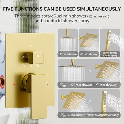 STARBATH Shower Faucet Set Shower System with Diverter Valve, Brushed Gold | 12 Inch Ceiling Mount Rain Shower Head, 6 Inch Wall Mount Rainfall Shower Head and 2-in-1 Handheld Spray for Two Person - color: Gold, size: 12"+6"-03