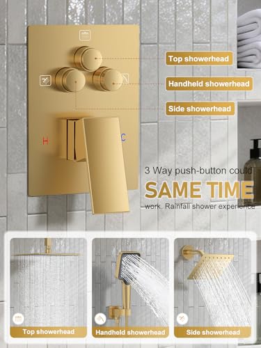 Woindo Shower Faucet Set, 10" Ceiling Mount Rainfall Shower System with 2 Rain Shower Head and Multi-function Handheld Head Push Button Diverter Shower Faucet Trim Kit - color: Brushed Gold, style: 10"-Ceiling-01