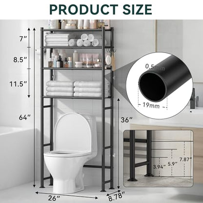 GloTika 4-Tier Over The Toilet Storage Shelves, Black | 200lb Total Capacity, Metal Bathroom Organizer with 36" Clearance, Includes Paper Holder & 4 Hooks, Suit for Small Space - color: Black
