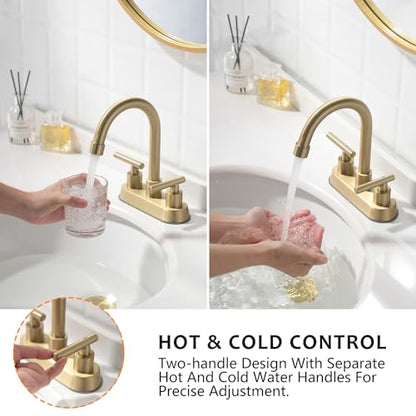 Gold Bathroom Faucet, 2 Handle 4 Inch Centerset Sink Faucet with Drain | Yardmonet Brushed Gold Bathroom Sink Faucet, 2-Handle Stainless Steel Vanity Faucet with Pop-Up Drain and Supply Lines - color: Brushed Gold