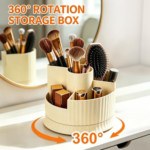 360° Rotating Makeup Brush Holder, 5-Compartment Spinning Cosmetics Organizer Cup for Vanity, Creamy White Desktop Storage for Skincare & Bathroom Accessories