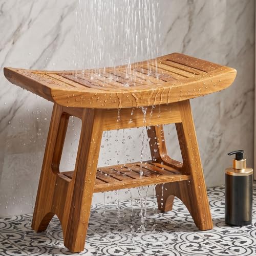 16" Compact Teak Shower Bench Teak Shower Stool Seat Chair with Storage Shelf