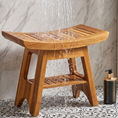 16" Compact Teak Shower Bench Teak Shower Stool Seat Chair with Storage Shelf