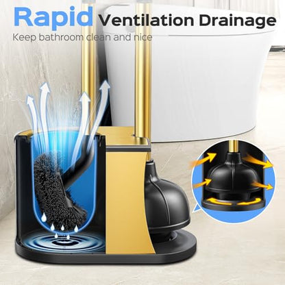 HAMITOR Toilet Plunger and Brush Set: 2 in 1 Stainless Steel Combo with Curved Bristles - Heavy Duty Toilet Unclogging for Family Bathroom - Compact Hideaway Apartment Cleaning Accessories - Gold - color: Gold