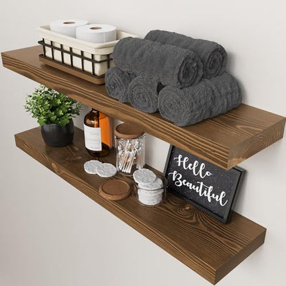 Solid Wood Floating Shelves for Wall 30 Inches Long, Walnut Wooden Shelf | Real Wood, Large Bathroom Shelf, 30 Inch, Heavy Duty, Kitchen Bedroom Rustic Farmhouse, Walnut Finish, 30W × 6.7D, Set of 2 - color: Walnut, size: 30 Inch