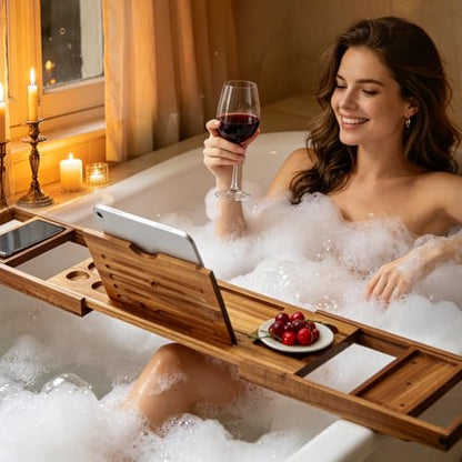 Expandable Wooden Tray Bathtub Tray, Bathroom Tray with Reading Rack & Wine Cup Slot.