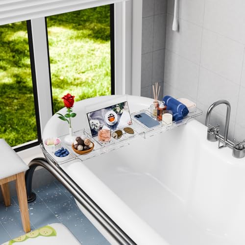 Luxury Clear Bathtub Shelf Across Tub,Expandable Plastic Bathtub Tray Over The Tub Bath Caddy,Free Standing Bath Table Board & Accessories for Women Relaxing with Reading Book and Ipad Holder