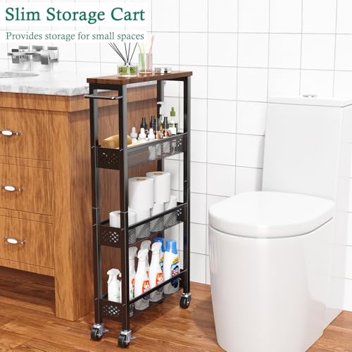 XYZLVSI Utility Slim Storage Cart on Wheels, 4 Tier Laundry Room Organizers | 5" W narrow shelf for small spaces, skinny rolling cart with wooden top and metal handle for kitchen/bathroom/Office/Dorm - size: 16.7"Dx5.0"Wx34"H