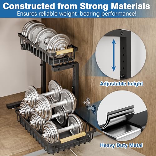 Under Sink Organizers, 2 Tier Pull Out Under Cabinet Organizer，Height Adjustable Pull Out Cabinet Drawers, Metal Sliding Drawer for Kitchen Bathroom Pantry Cabinet Closet Organization Rack，2 Packs