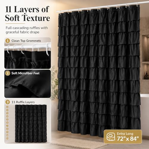 Black Gothic Shower Curtain for Bathroom, Extra-Long 72 x 84 inch, Ruffle | Cascading Layered Ruffles, 72x84, 8ft, 12 Plastic Hooks Included, Machine Washable, Soft Brushed Microfiber Fabric - color: Black, size: 72"W x 84"L (Pack of 1)