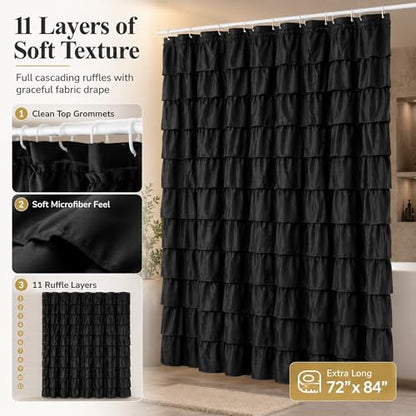 Black Gothic Shower Curtain for Bathroom, Extra-Long 72 x 84 inch, Ruffle | Cascading Layered Ruffles, 72x84, 8ft, 12 Plastic Hooks Included, Machine Washable, Soft Brushed Microfiber Fabric - color: Black, size: 72"W x 84"L (Pack of 1)