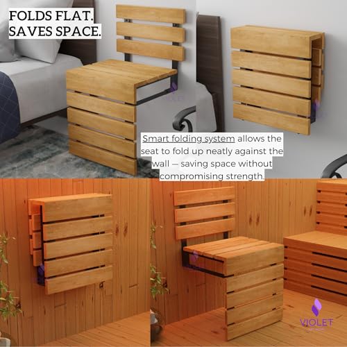 Folding Wall Mounted Teak Wood Shower Seat with Backrest, Water Resistant Foldable Bathroom Stool with Legs, Premium Materials Handmade Shoe Changing Bench, Space Saving and Super Safe Chair (Natural) - color: Natural