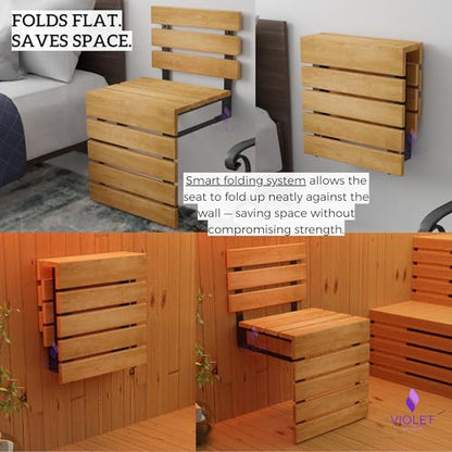 Folding Wall Mounted Teak Wood Shower Seat with Backrest, Water Resistant Foldable Bathroom Stool with Legs, Premium Materials Handmade Shoe Changing Bench, Space Saving and Super Safe Chair (Natural) - color: Natural
