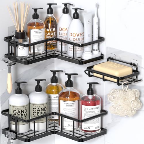 Corner Shower Caddy Adhesive, 100% Rustproof Shower Organizer with Soap Holder, No Drill Shower Shelf for Inside Shower, Wall-Mounted Shower Storage for Homes (3 Pack, Black) - color: Black