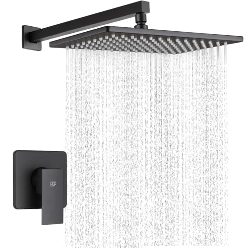 Matte Black Shower Faucet Set, Bathroom Rainfall Shower System with Stainless Steel Metal Showerhead, Single Function Shower Trim Kit with Rough-in Valve - color: Black, size: 12 Inch (Wall Mount)